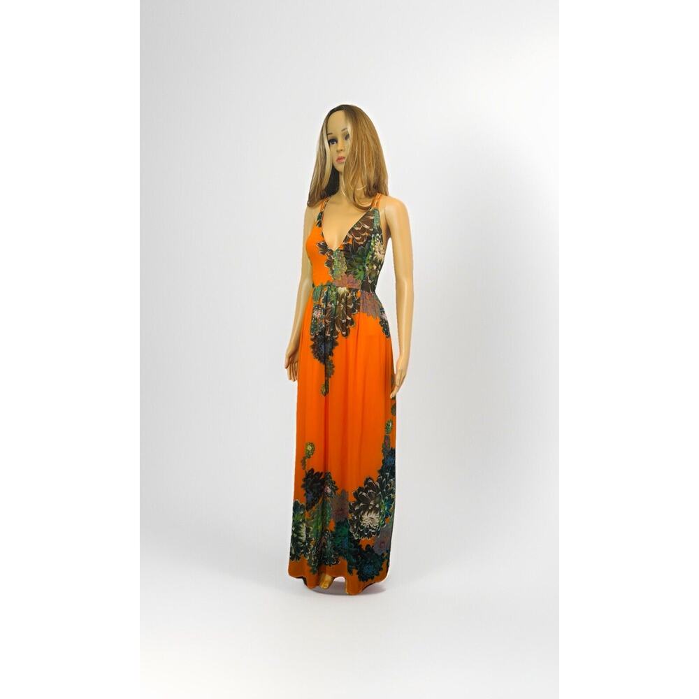INA Boho Fairy Whimsical Orange Floral Maxi Dress  L